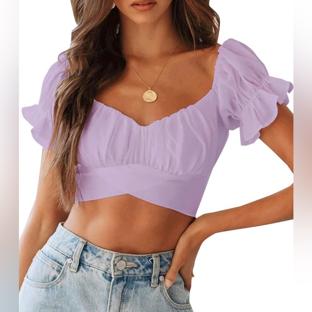 Women's Ruffle Short Sleeve Tie Up Back Crop Top Off Shoulder Blouse